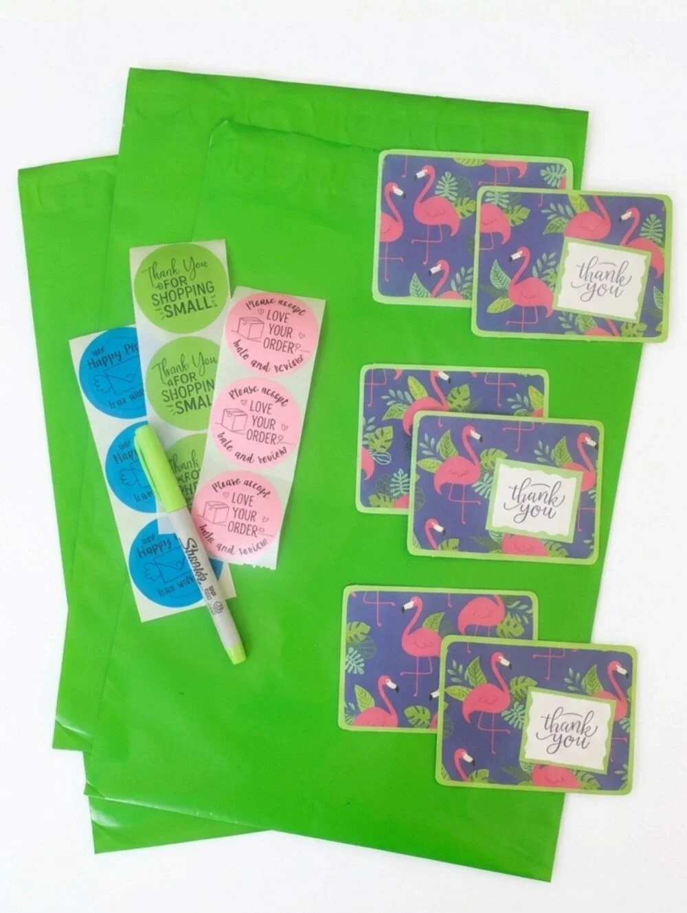 Coordinated Packaging Bundle Thank You Cards Stickers Polymail Tropical Flamingo